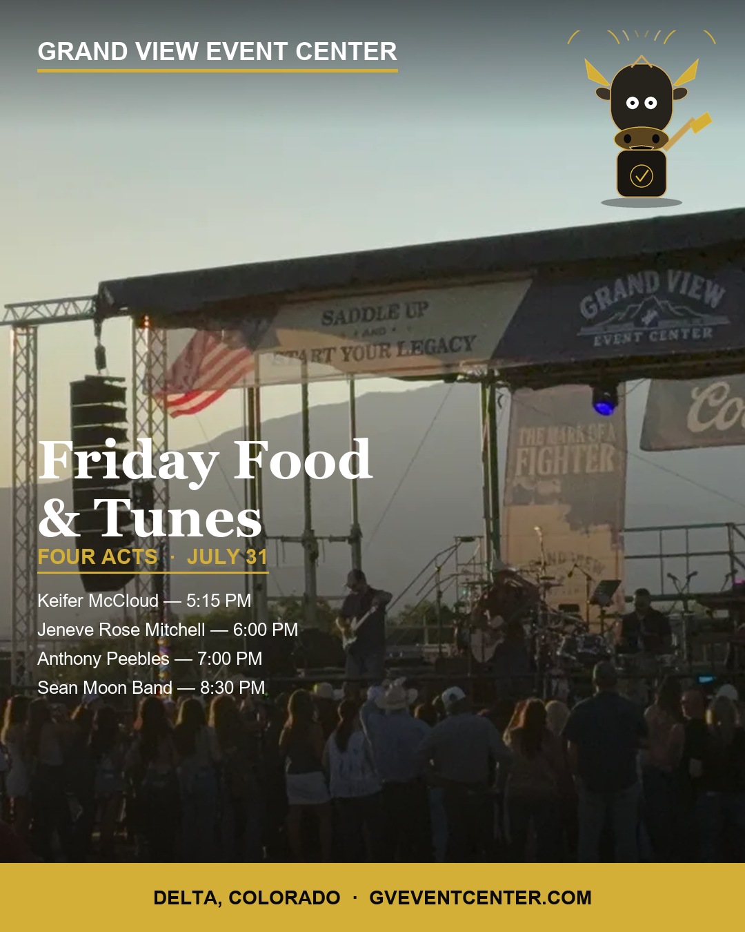 Lineup spotlight card for Friday Food and Tunes, July 31, with all four bands and set times