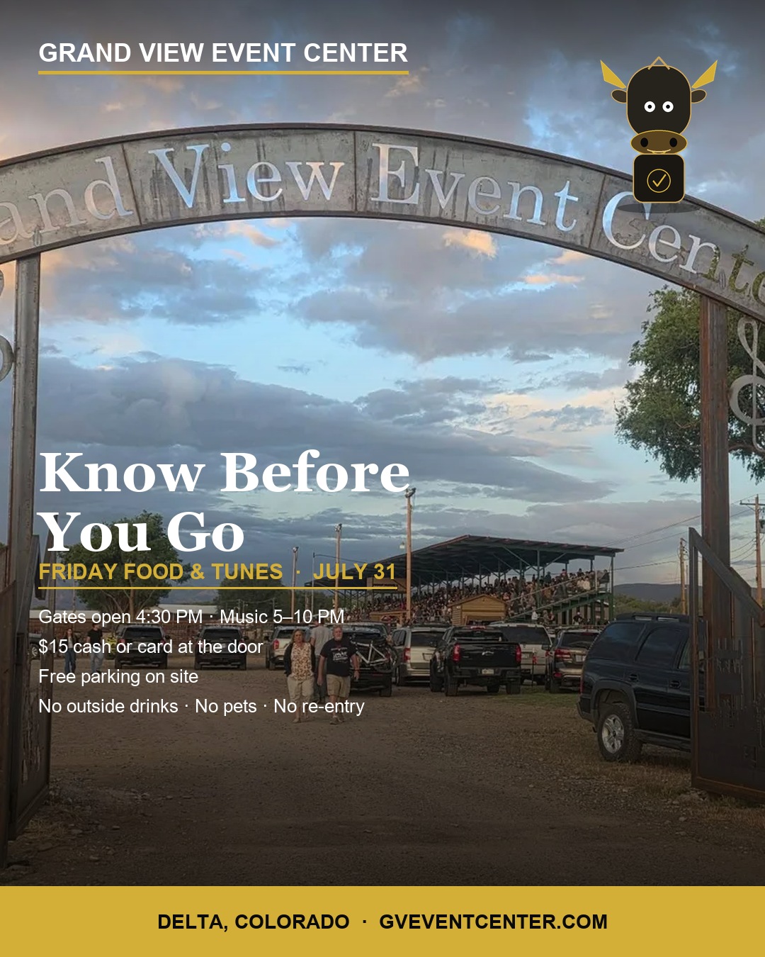 Know Before You Go card with gates, price, and house rules for July 31