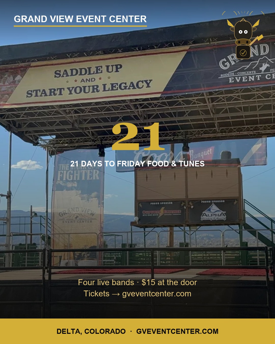 21 days to go countdown card over the Grand View stage