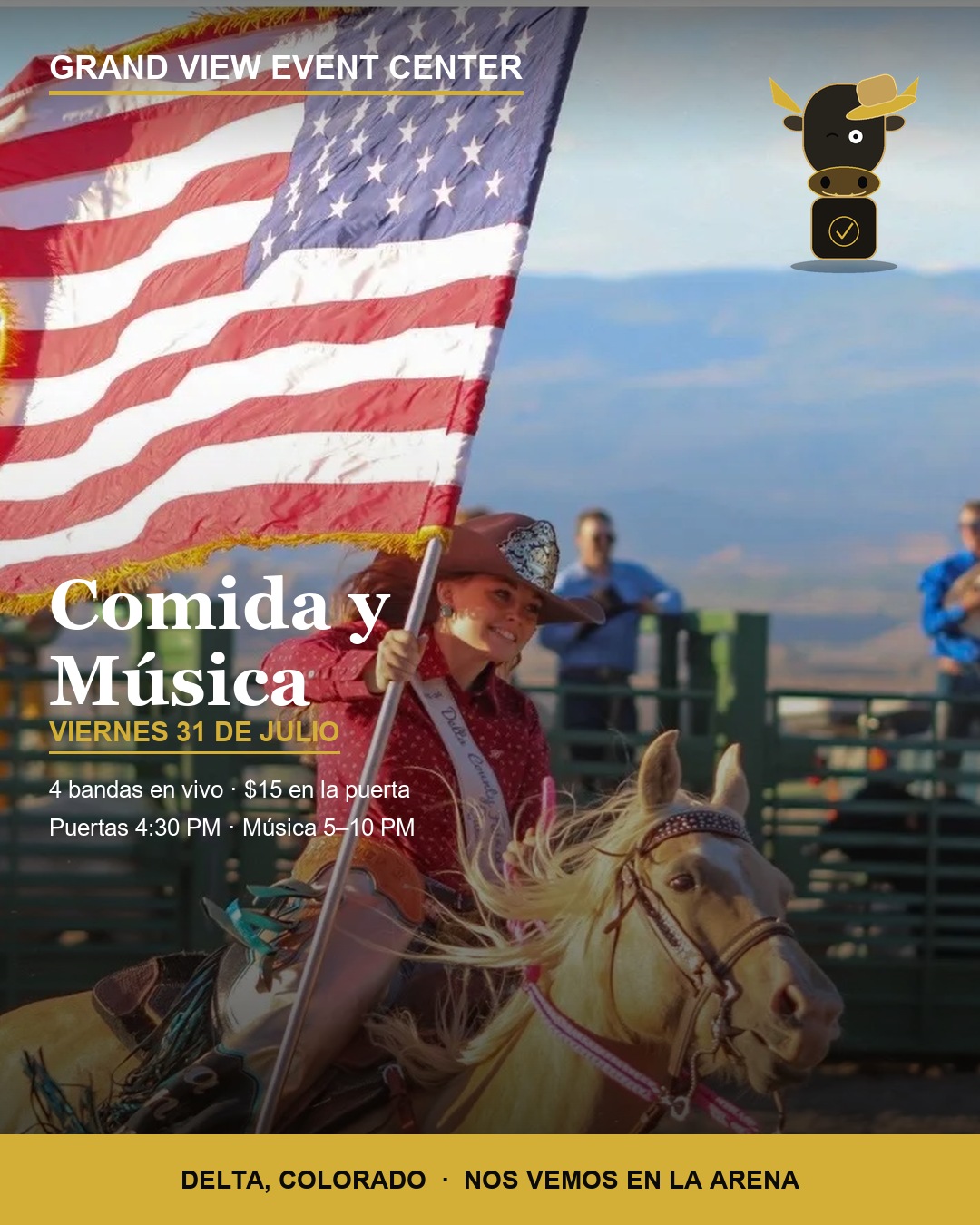 Spanish-language announcement card, Comida y Musica, Viernes 31 de Julio