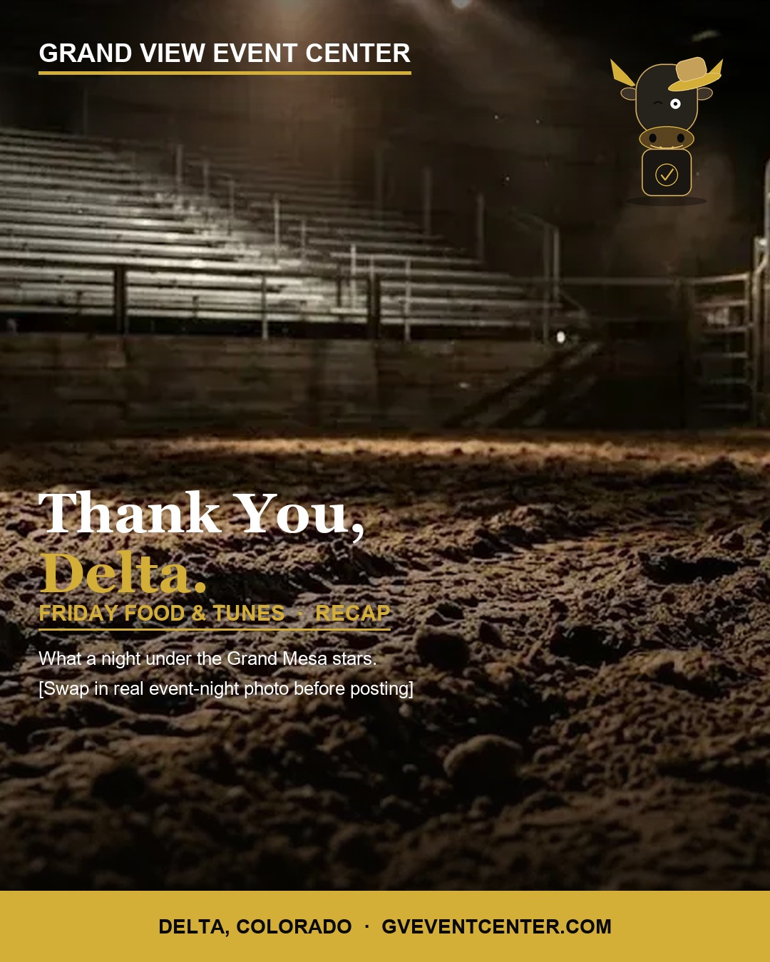 Thank You Delta post-event recap and gratitude card template, arena at night