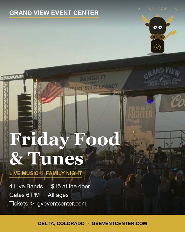 Event announcement card: Friday Food and Tunes over a real stage-at-sunset photo, with Rowdy announcing in the corner