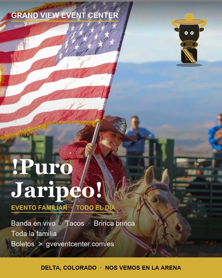 Spanish-first jaripeo card over a flag bearer on horseback, Rowdy in his charro hat