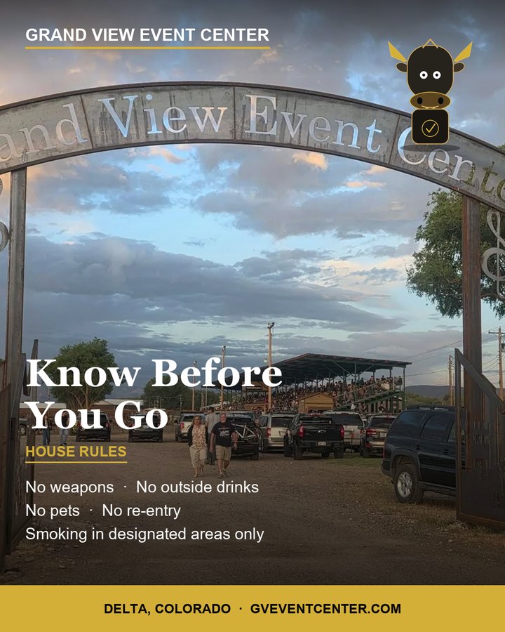 Know Before You Go house-rules card over the arena entrance gate at sunset