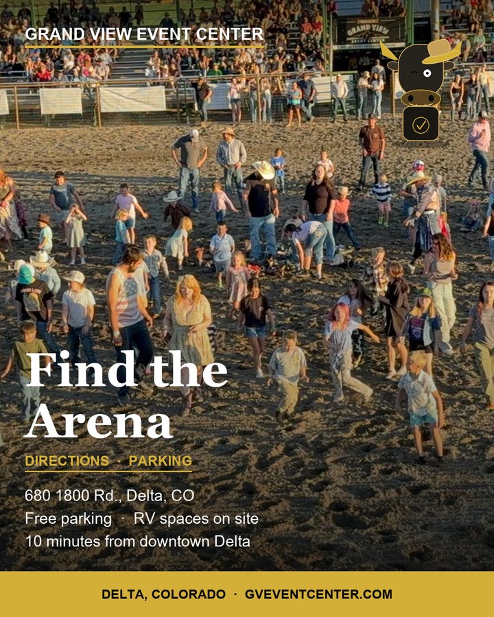 Find the Arena directions card over an aerial crowd photo, Rowdy tipping his hat