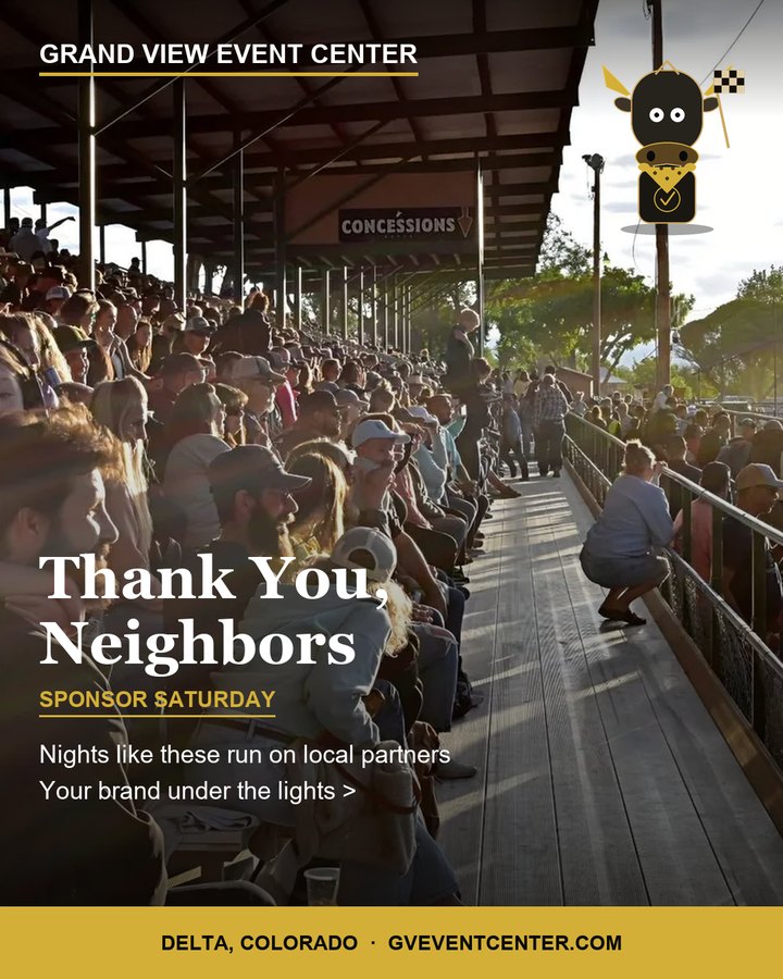 Sponsor Saturday thank-you card over packed grandstands, derby Rowdy with his flag