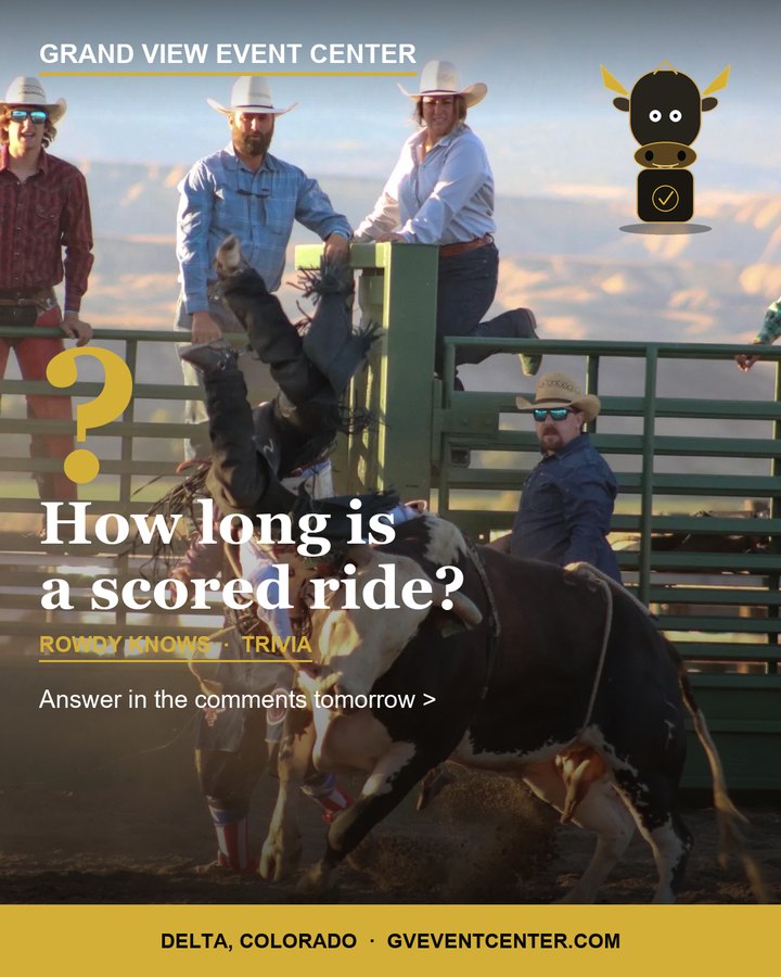 Rowdy Knows trivia card over real bull-riding action: how long is a scored ride?